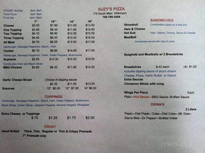 Suzy's Pizza - Wilkinson, IN menu_pic