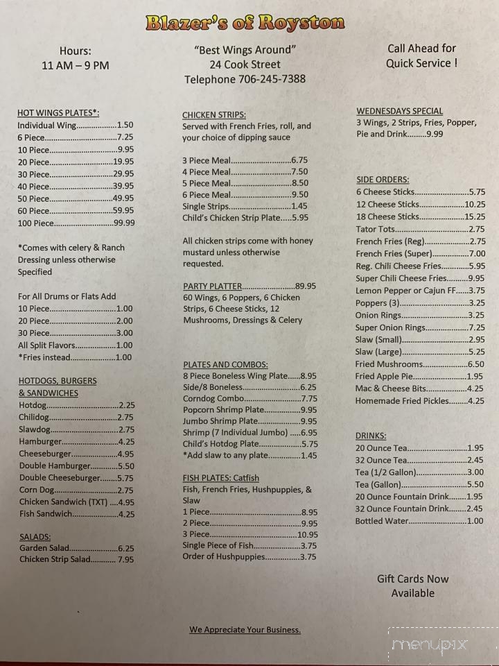 Blazers Of Royston - Royston, GA menu_pic