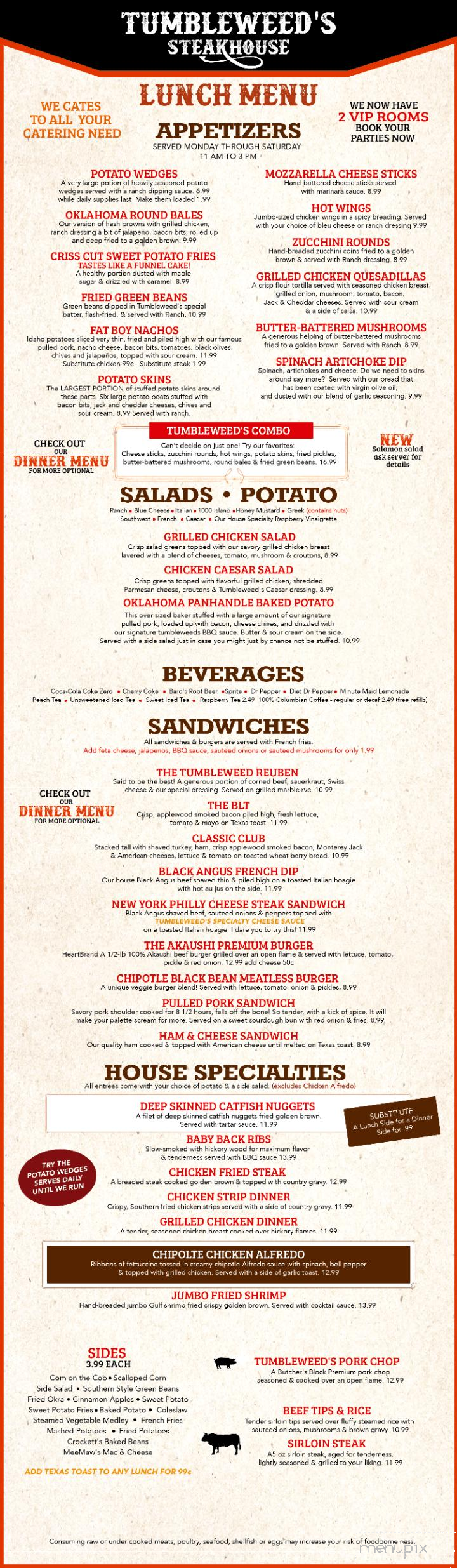 Tumbleweeds Steakhouse - Bartlesville, OK menu_pic