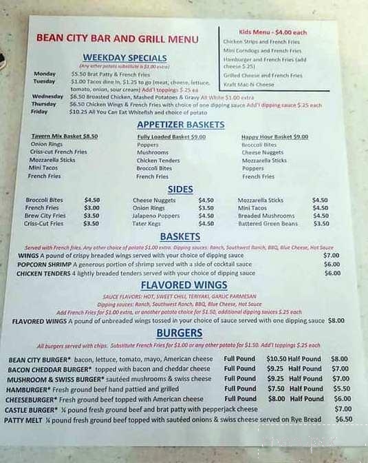 Bean City Bar & Grill - New London, WI menu_pic
