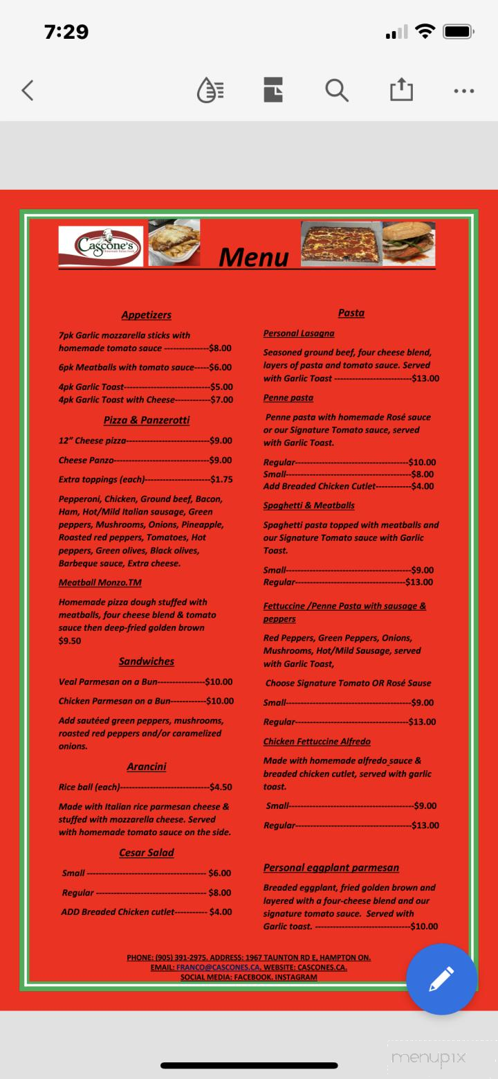 Cascone's Homemade Italian Foods - Hampton, ON menu_pic