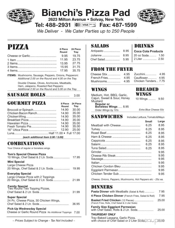 Bianchi's Pizza Pad - Syracuse, NY menu_pic