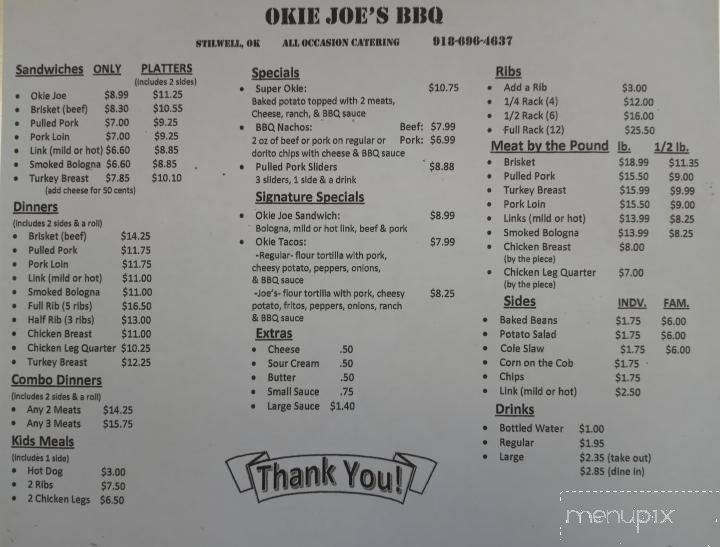 Okie Joes BBQ - Stilwell, OK menu_pic