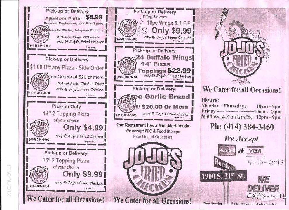 Jojo's Drive In Independence Wi Menu of JoJo's Fried Chicken in Milwaukee, WI 53215
