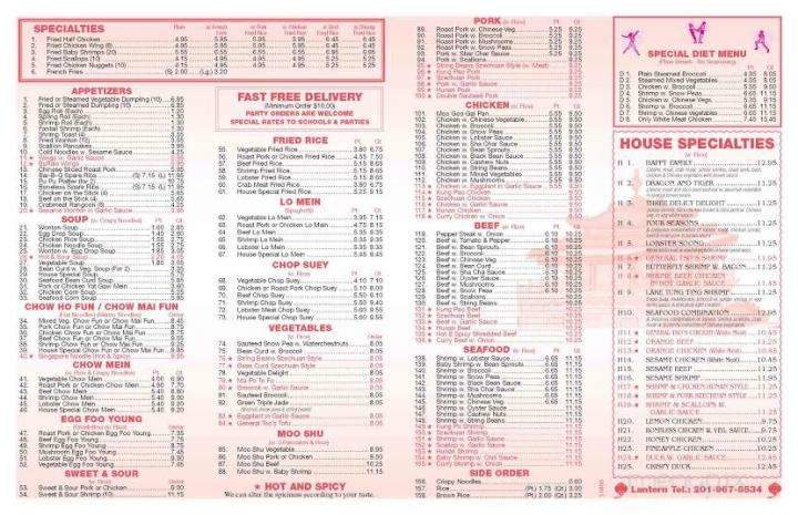 Menu of Lantern Chinese Take Out in New Milford, NJ 07646