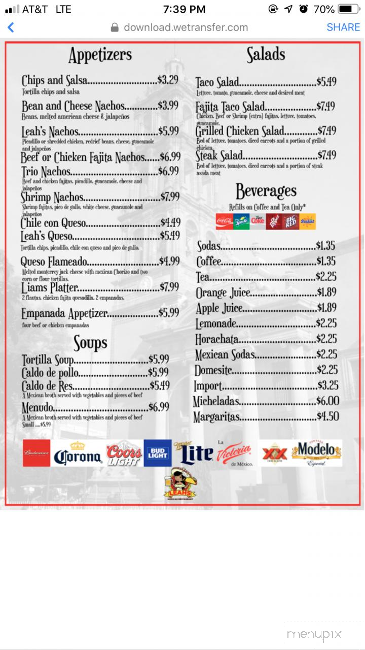 Leah's Mexican Restaurant - Converse, TX menu_pic