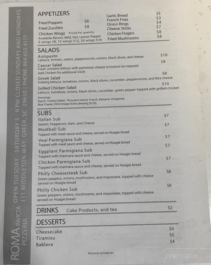 Roma Invicta Pizzeria - Greer, SC menu_pic