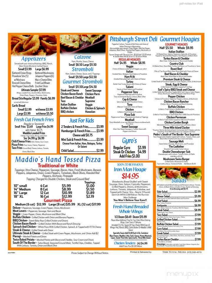 Maddio's Pizza Subs - Brackenridge, PA menu_pic