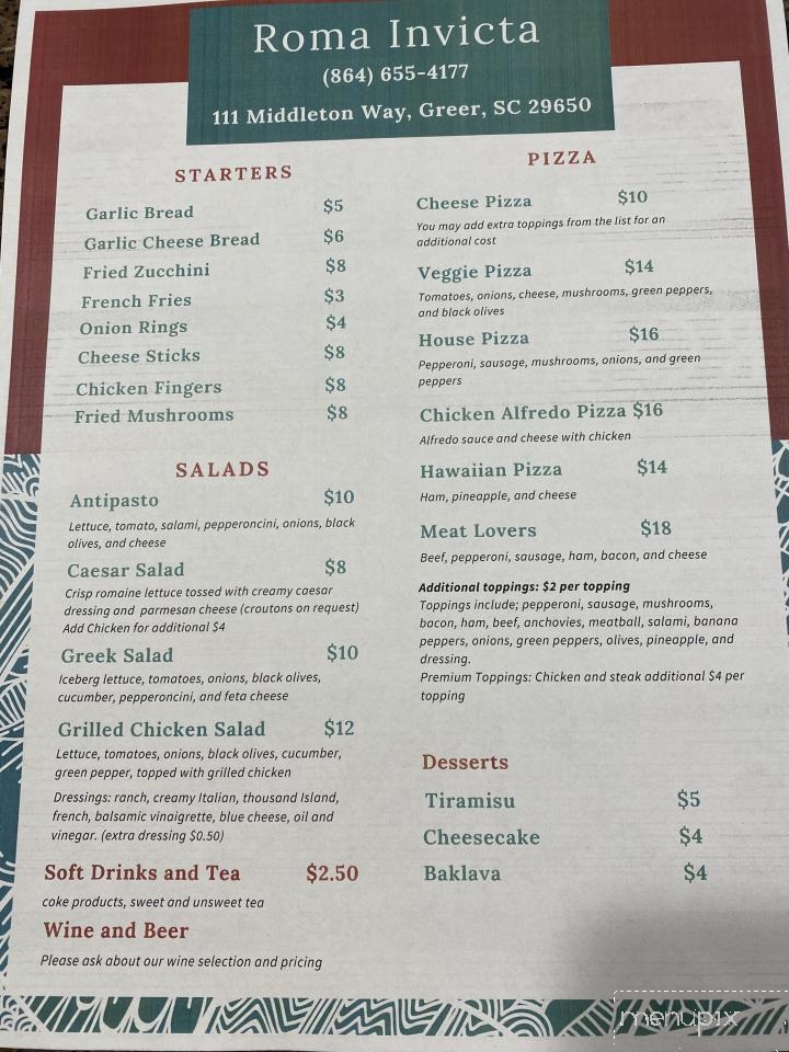 Roma Invicta Pizzeria - Greer, SC menu_pic