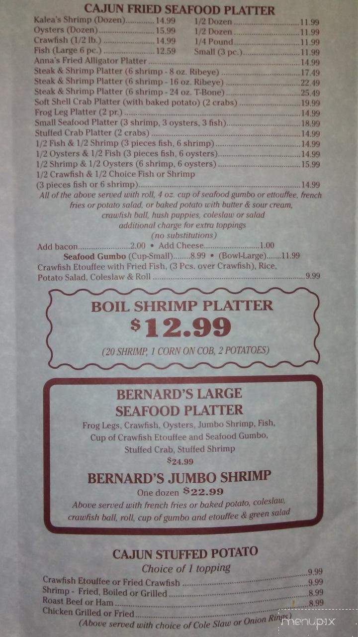 Bernard Cajun Sea-Fry Restaurant - Cottonport, LA menu_pic