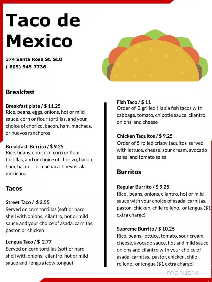 Taco De Mexico - San Luis Obispo, CA menu_pic