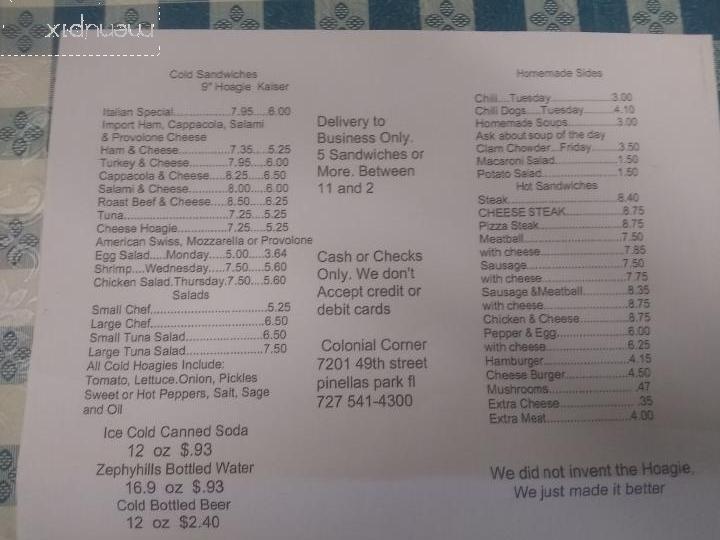Colonial Corner Hoagie Shop - Pinellas Park, FL menu_pic