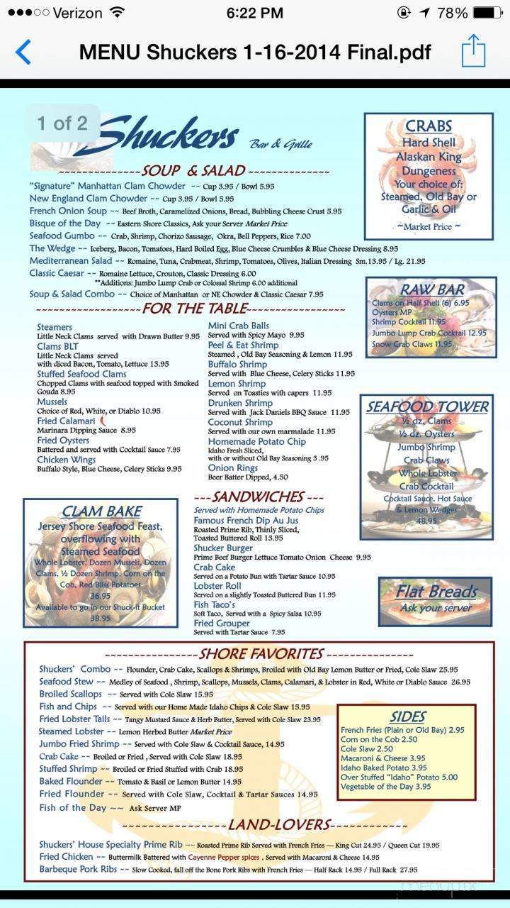 Shucker's - Margate City, NJ menu_pic