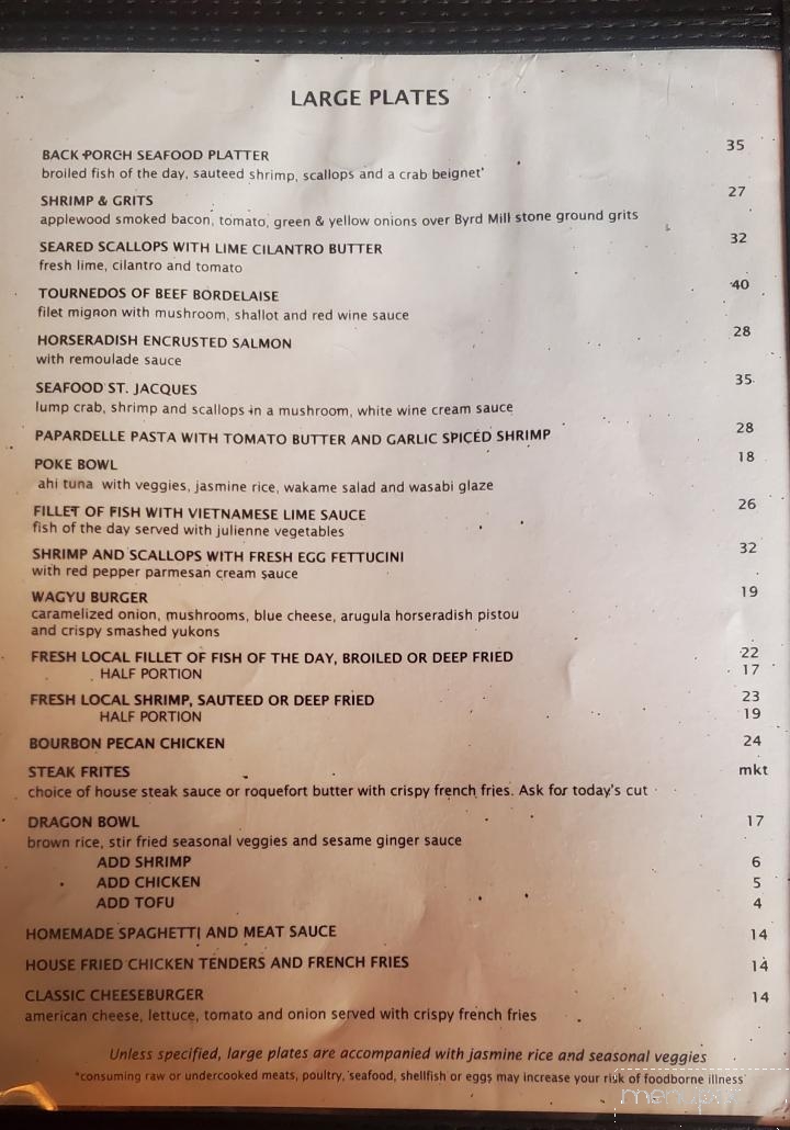 Back Porch Restaurant - Ocracoke, NC menu_pic
