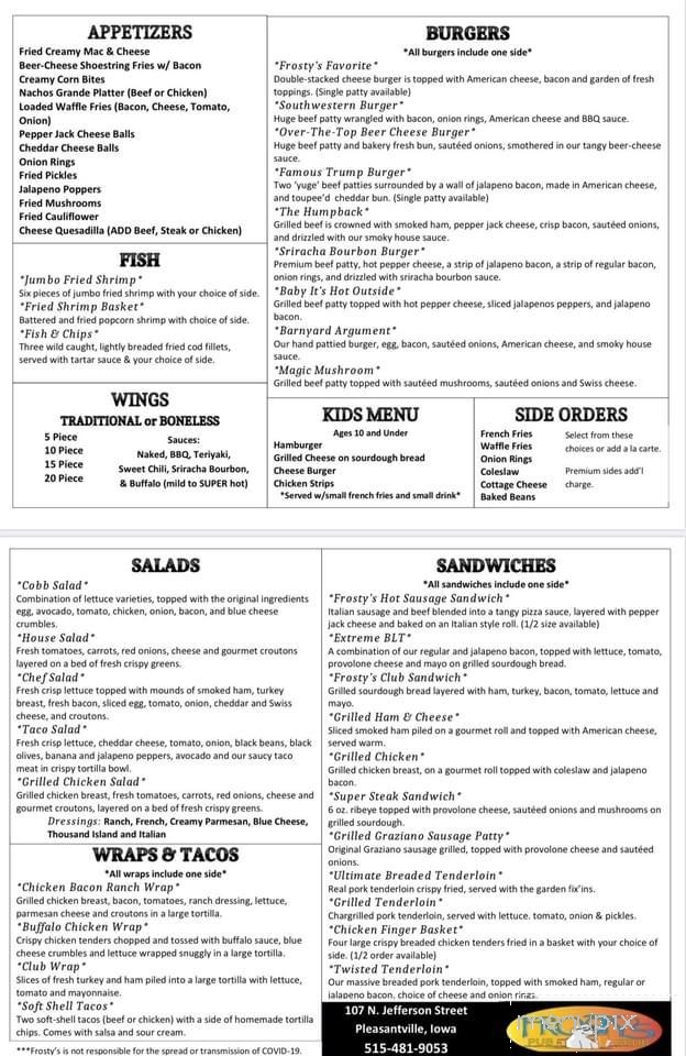 Frostys Pub N Grub - Pleasantville, IA menu_pic
