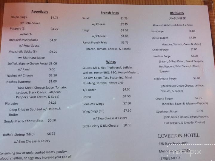 Lovelton Hotel - Mehoopany, PA menu_pic