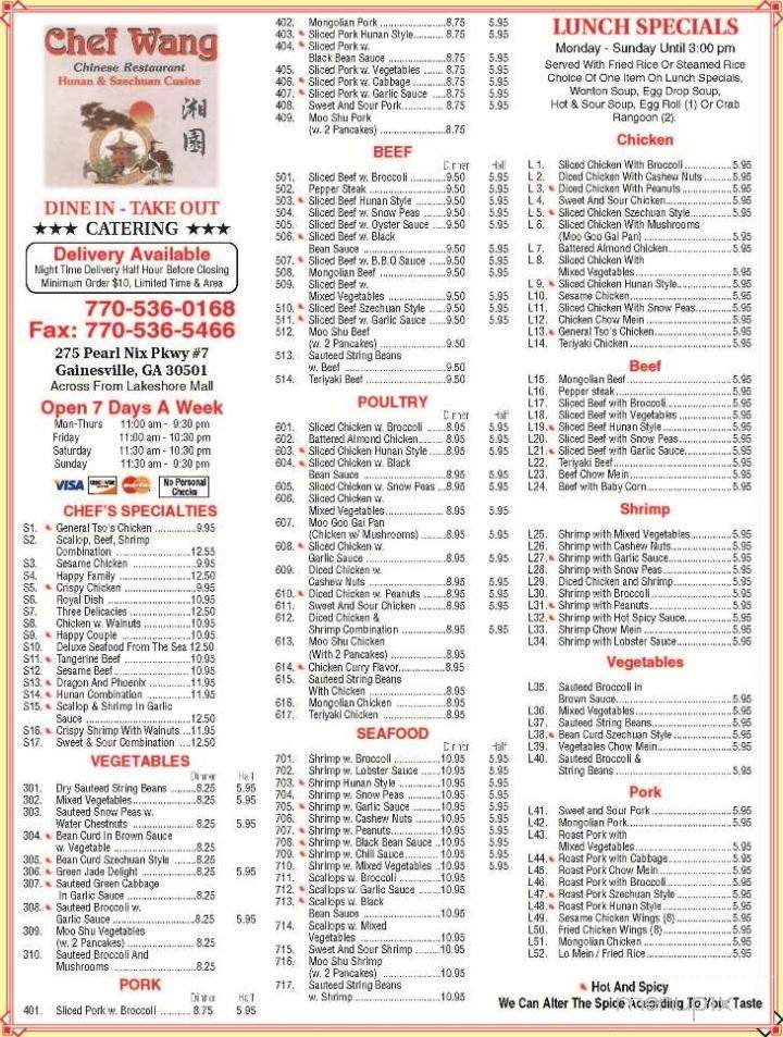 Chef Wang Chinese Restaurant - Gainesville, GA menu_pic