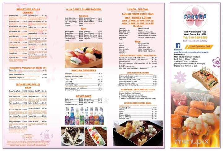 Sakura Hibachi & Sushi - West Grove, PA menu_pic