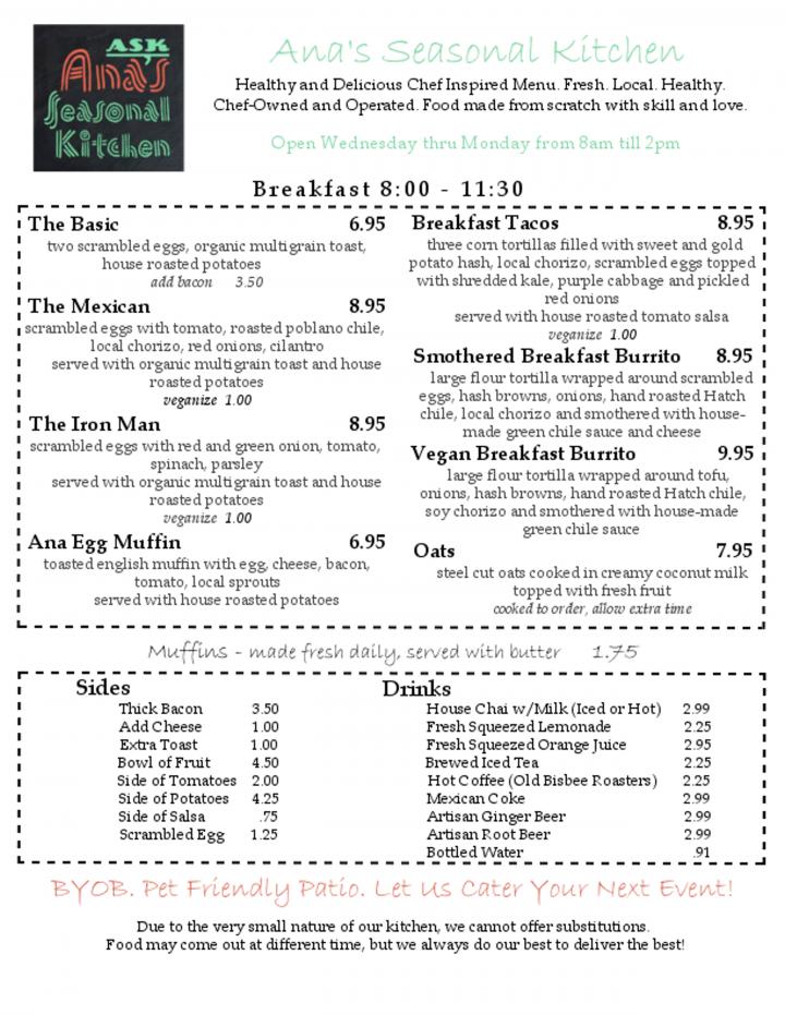 Ana's Seasonal Kitchen - Bisbee, AZ menu_pic