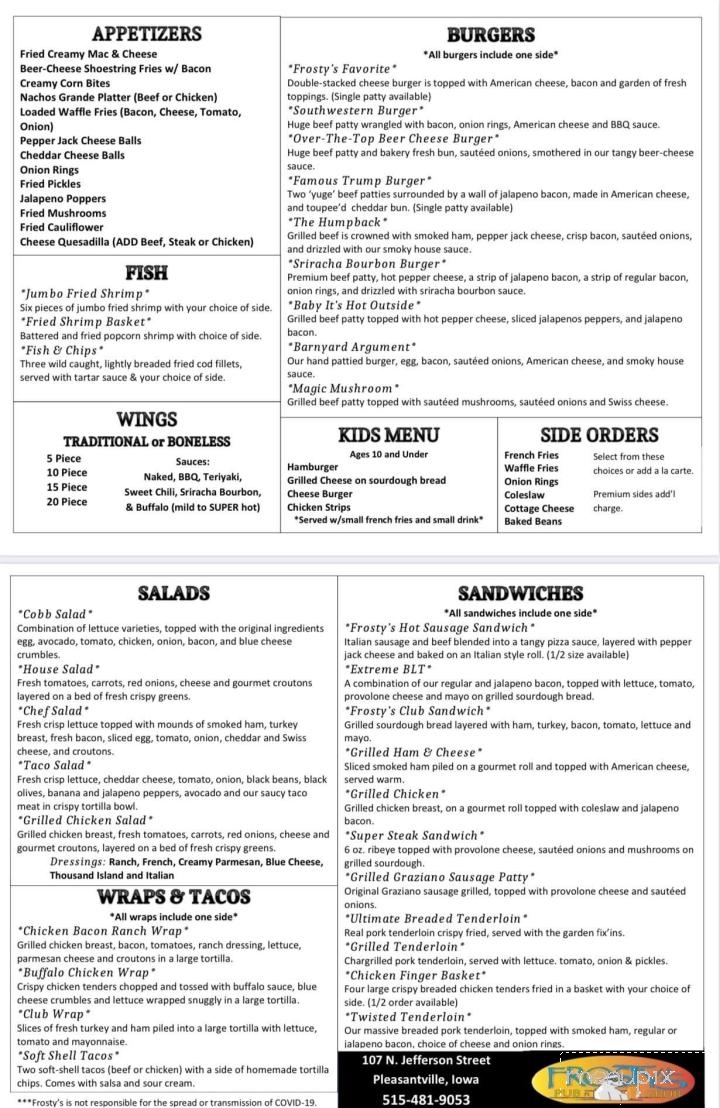 Frostys Pub N Grub - Pleasantville, IA menu_pic