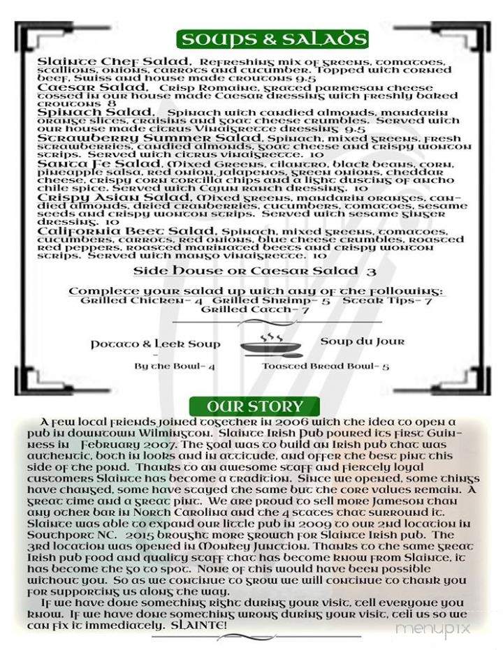 Slainte Irish Pub Monkey Junction - Wilmington, NC menu_pic