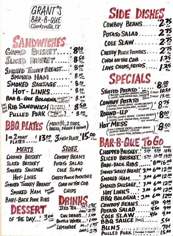 Grant's Bar-B-Que - Clarksville, TX menu_pic