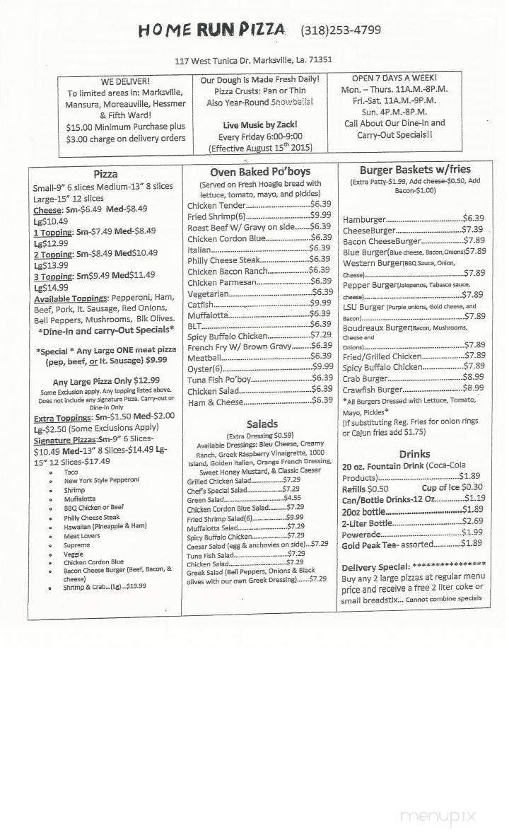 Menu Of Home Run Pizza In Marksville La 71351