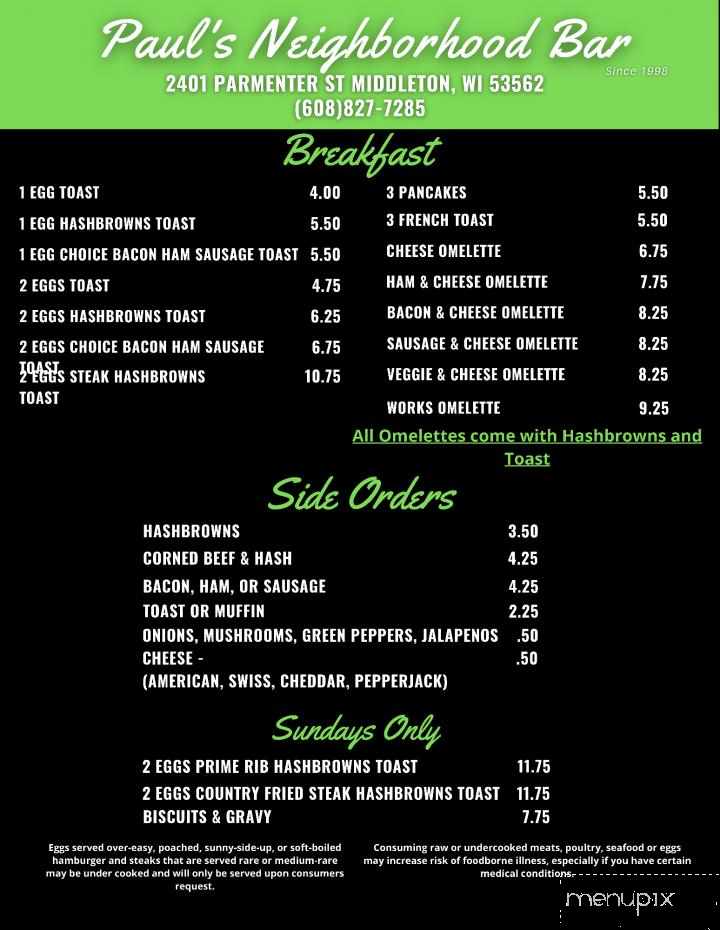 Paul's Neighborhood Bar - Middleton, WI menu_pic