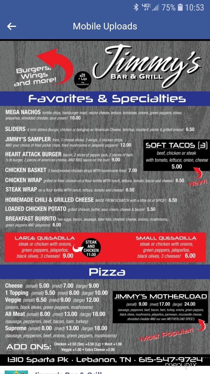 Jimmy's Bar & Grill - Lebanon, TN menu_pic