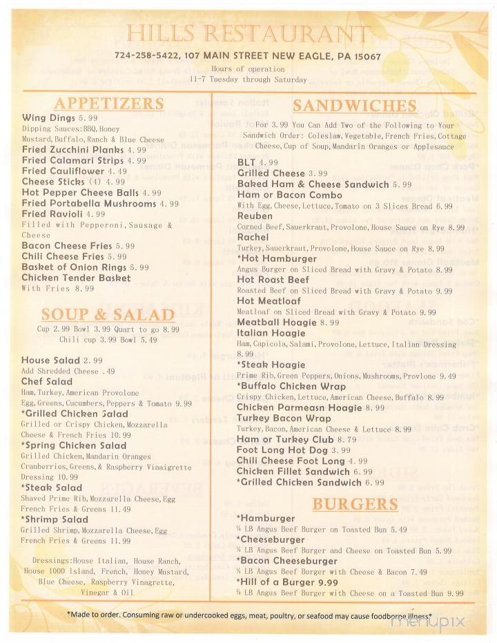 Hills Restaurant - New Eagle, PA menu_pic