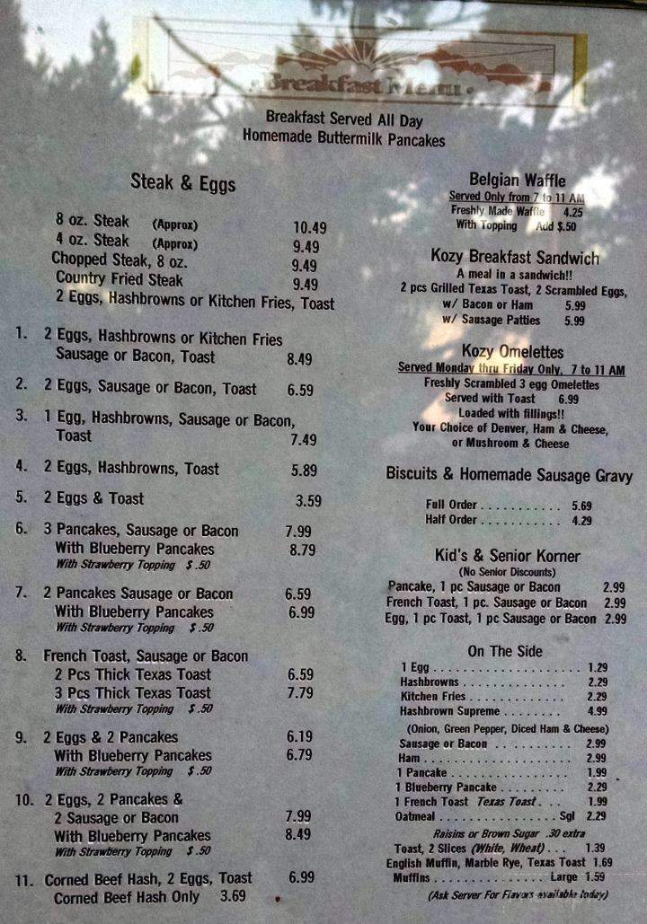 Menu of Kozy Kitchen in Grantsburg, WI 54840