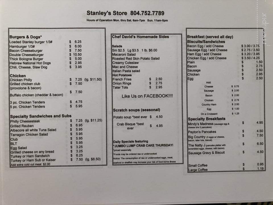 Stanley's Store - Glen Allen, VA menu_pic