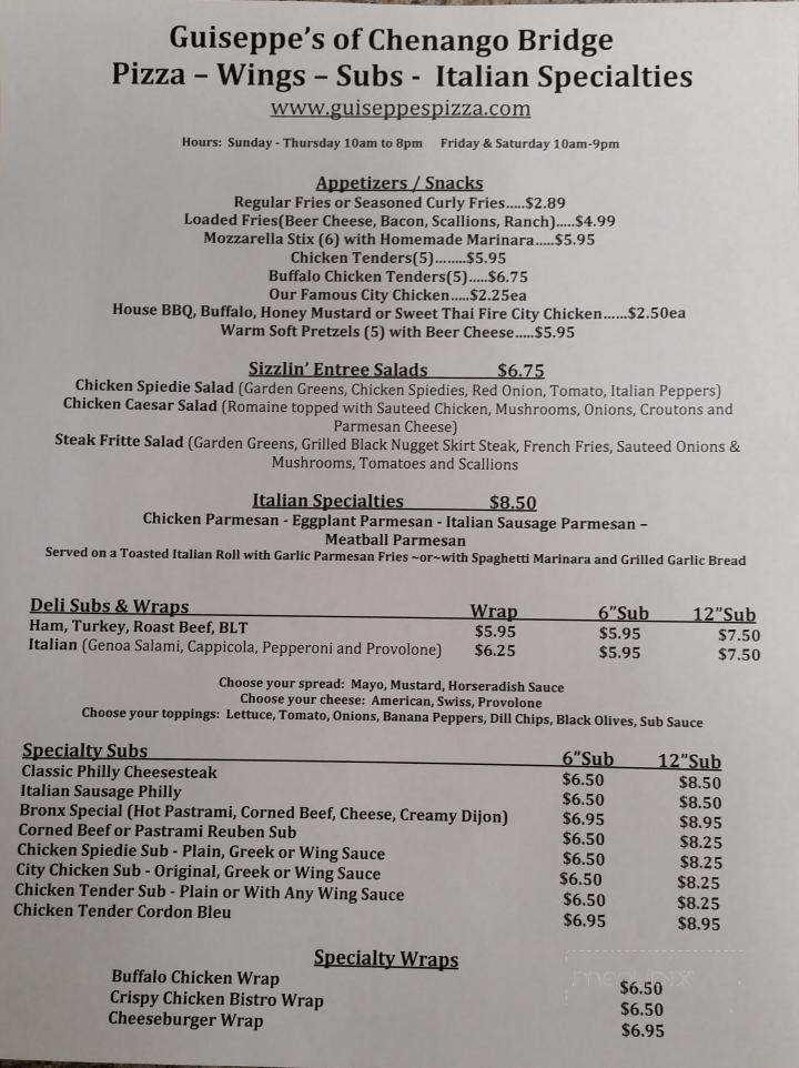 Guiseppe's Of Chenango Bridge - Binghamton, NY menu_pic