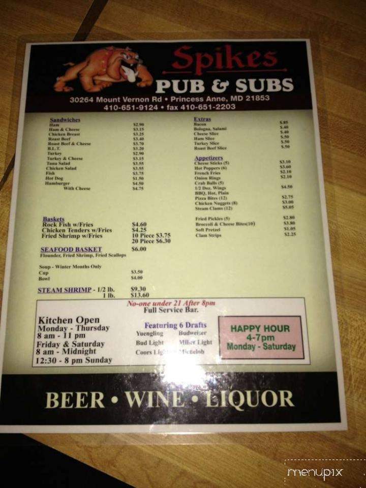 Spikes Pub & Subs - Princess Anne, MD menu_pic