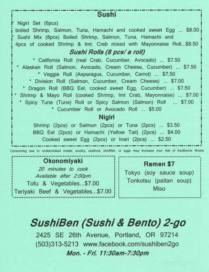 SushiBen 2-go - Portland, OR menu_pic