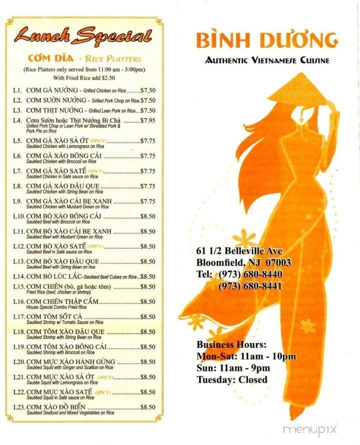 Binh Duong Restaurant - Bloomfield, NJ menu_pic