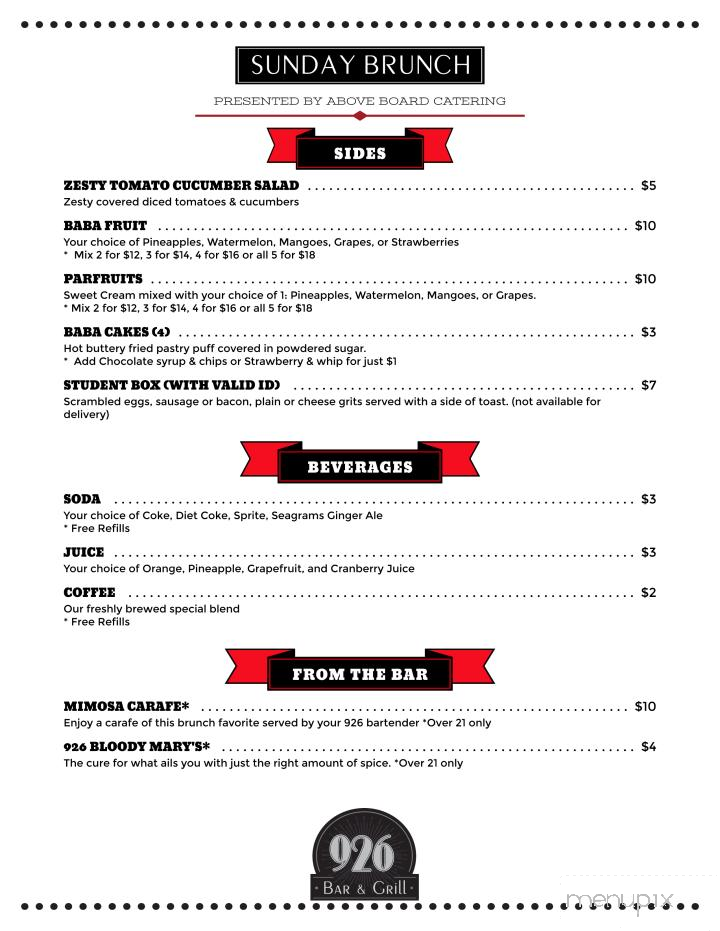 926 Bar & Grill - Tallahassee, FL menu_pic