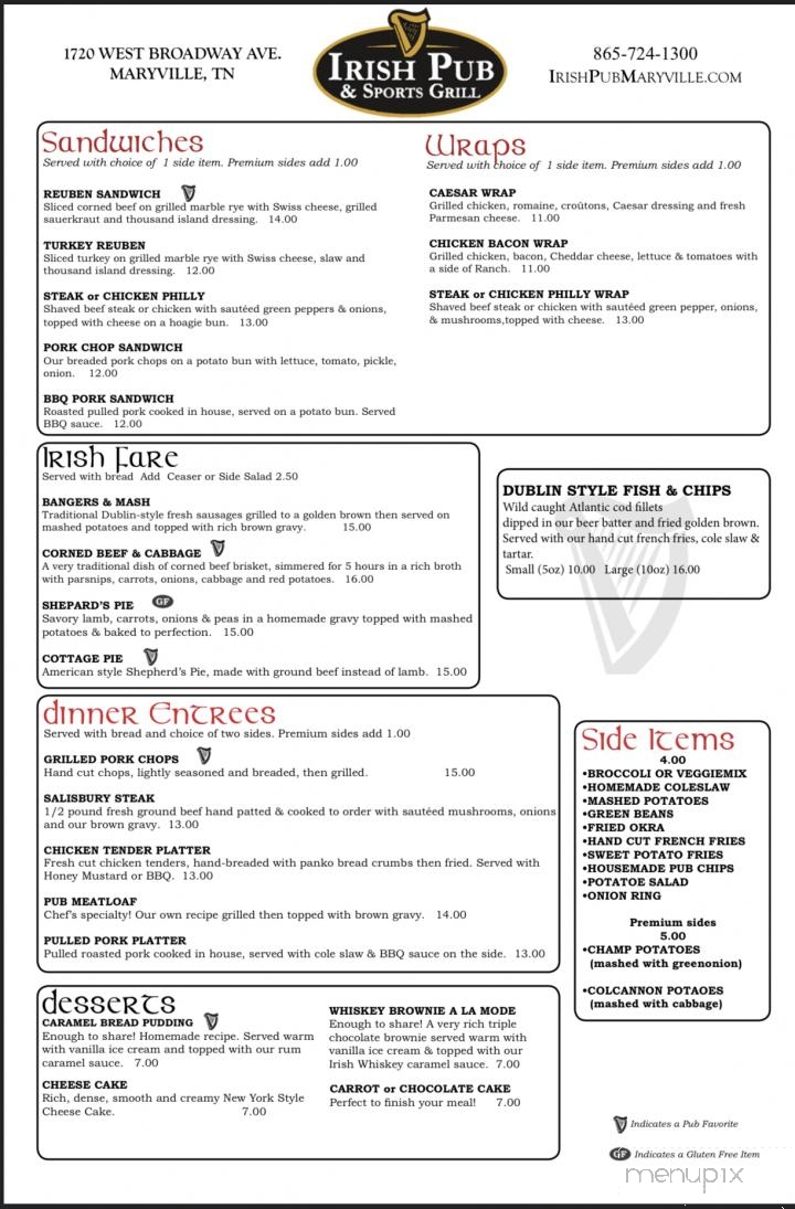 Irish Pub and Sports Grill - Maryville, TN menu_pic