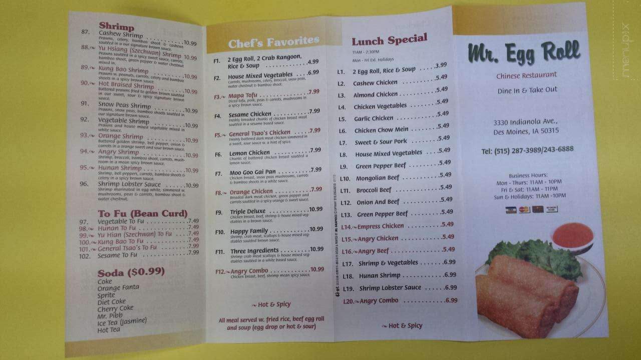 Menu of Mr Eggroll Chinese Fast Food in Des Moines, IA 50315