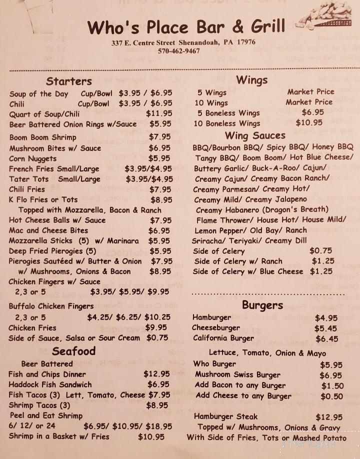 Who's Place Bar & Grill - Shenandoah, PA menu_pic
