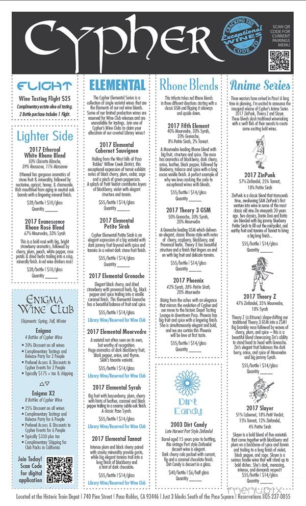 Cypher Winery - Paso Robles, CA menu_pic