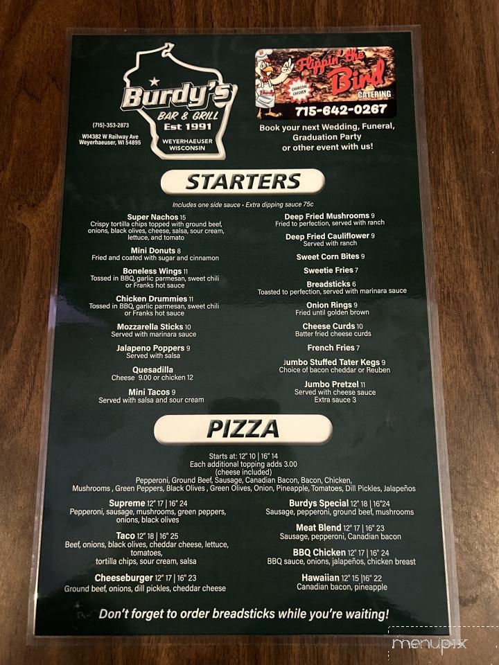 Burdy's Sports Bar & Grill - Weyerhaeuser, WI menu_pic