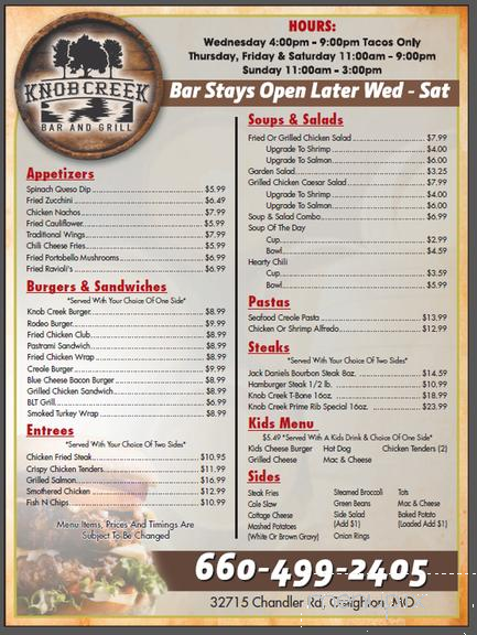 Knob Creek - Creighton, MO menu_pic