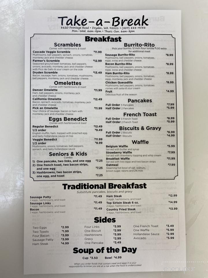 Take A Break Cafe - Dryden, WA menu_pic
