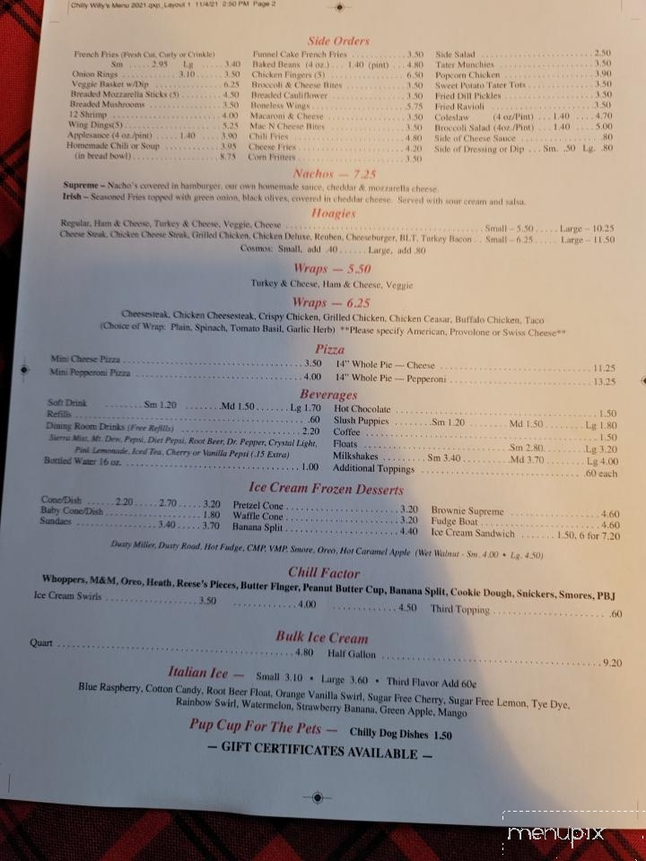 Chilly Willy's - Hartleton, PA menu_pic