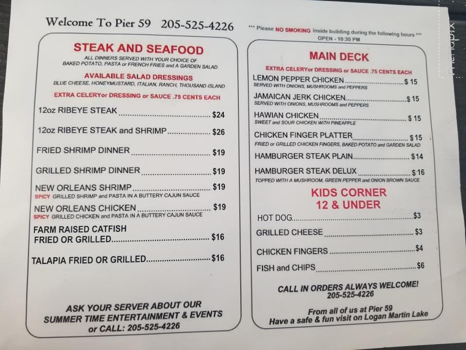 Pier 59 - Vincent, AL menu_pic