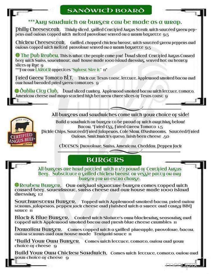 Slainte Irish Pub Monkey Junction - Wilmington, NC menu_pic