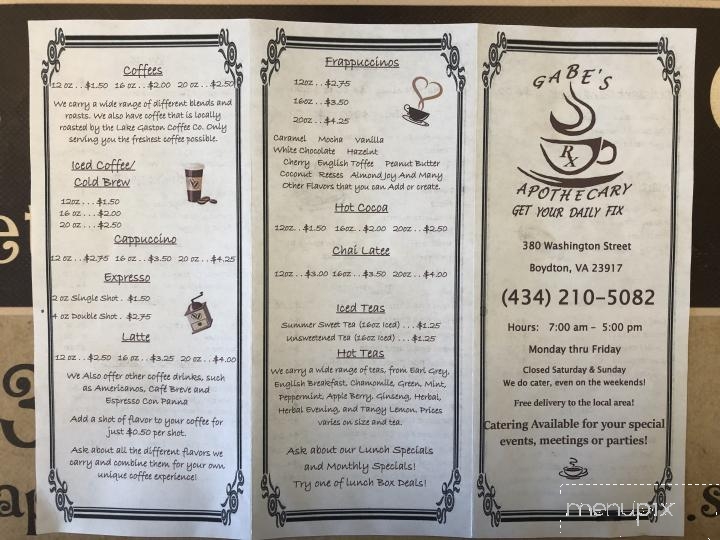 Gabe’s Apothecary Cafe - Boydton, VA menu_pic