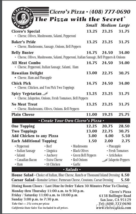 Cicero's Pizza - San Jose, CA menu_pic