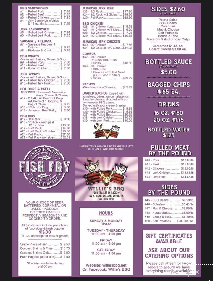Willie's BBQ - South Waverly, PA menu_pic